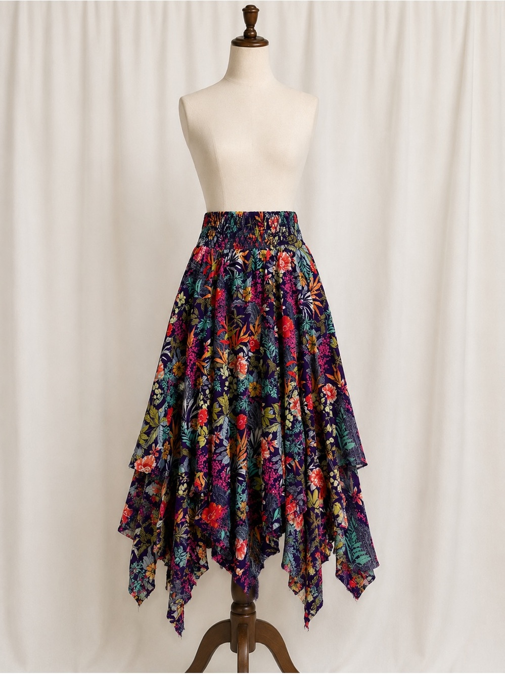Free People Purple Floral Handkerchief Hem Smocked Asymmetrical Cotton Skirt M - Picture 14 of 17